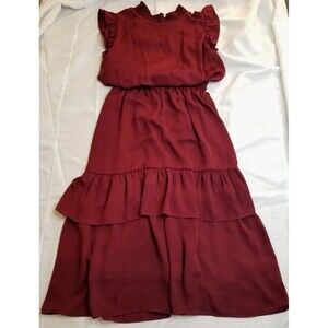 Saks 5th Ave Burgundy Red Ruffle Dress Tiered Boho Cottage Academia Romance 8 US